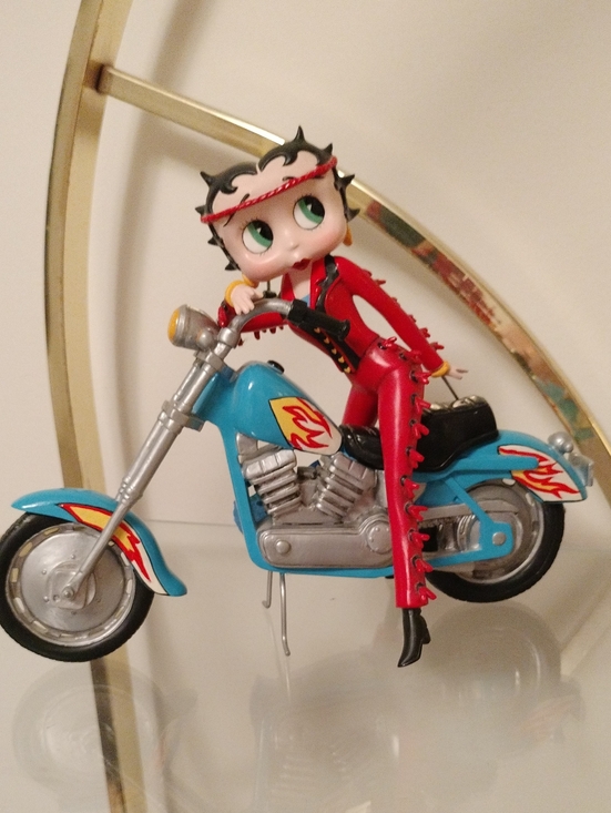 Betty Boop Other - Betty Boop Red Outfit Figure on Blue Motorcycle with Flame Decals